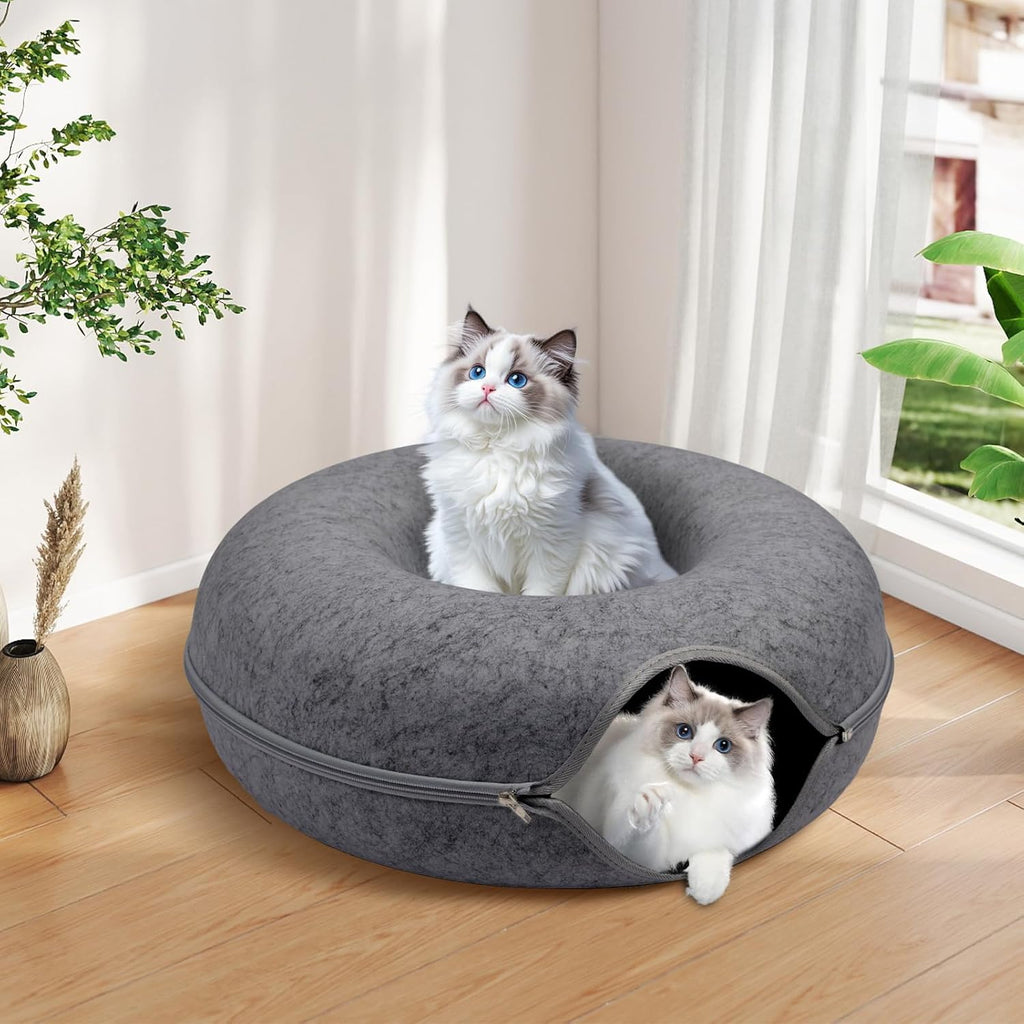 Large Peekaboo Cat Cave Donut Tunnel 24" for Indoor Cats, Dark Grey