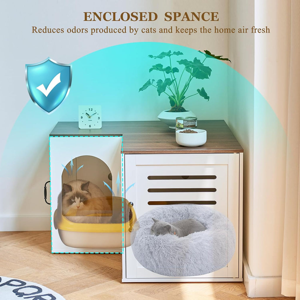 31.5in Corner Cat Litter Box Enclosure with Double Room, White
