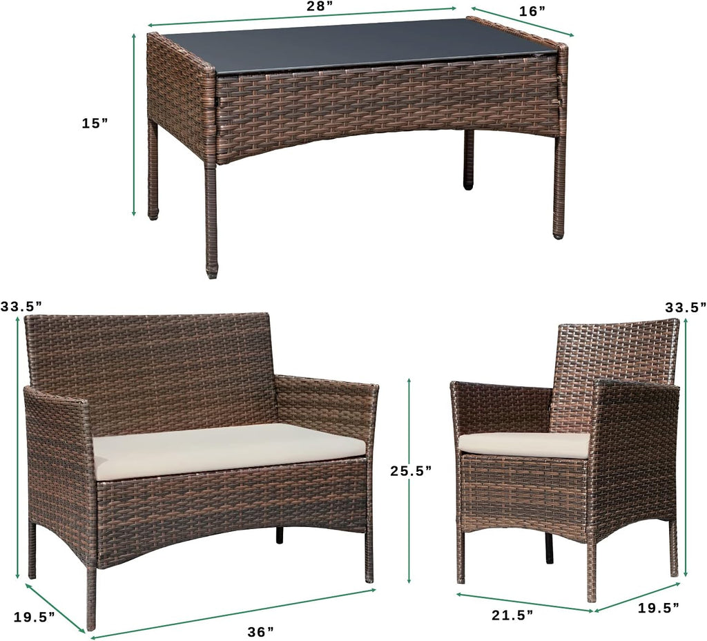 Greesum Patio Furniture 4 Pieces Conversation Sets Outdoor Wicker Rattan Chairs Garden Backyard Balcony Porch Poolside