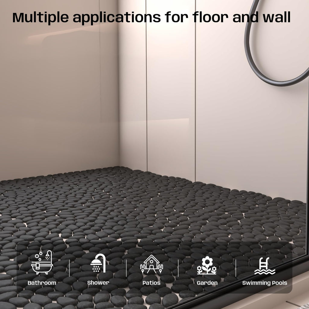 Pebble Tile for Shower Floor, 12"x12" Black Pebble Tiles, 5 Pcs
