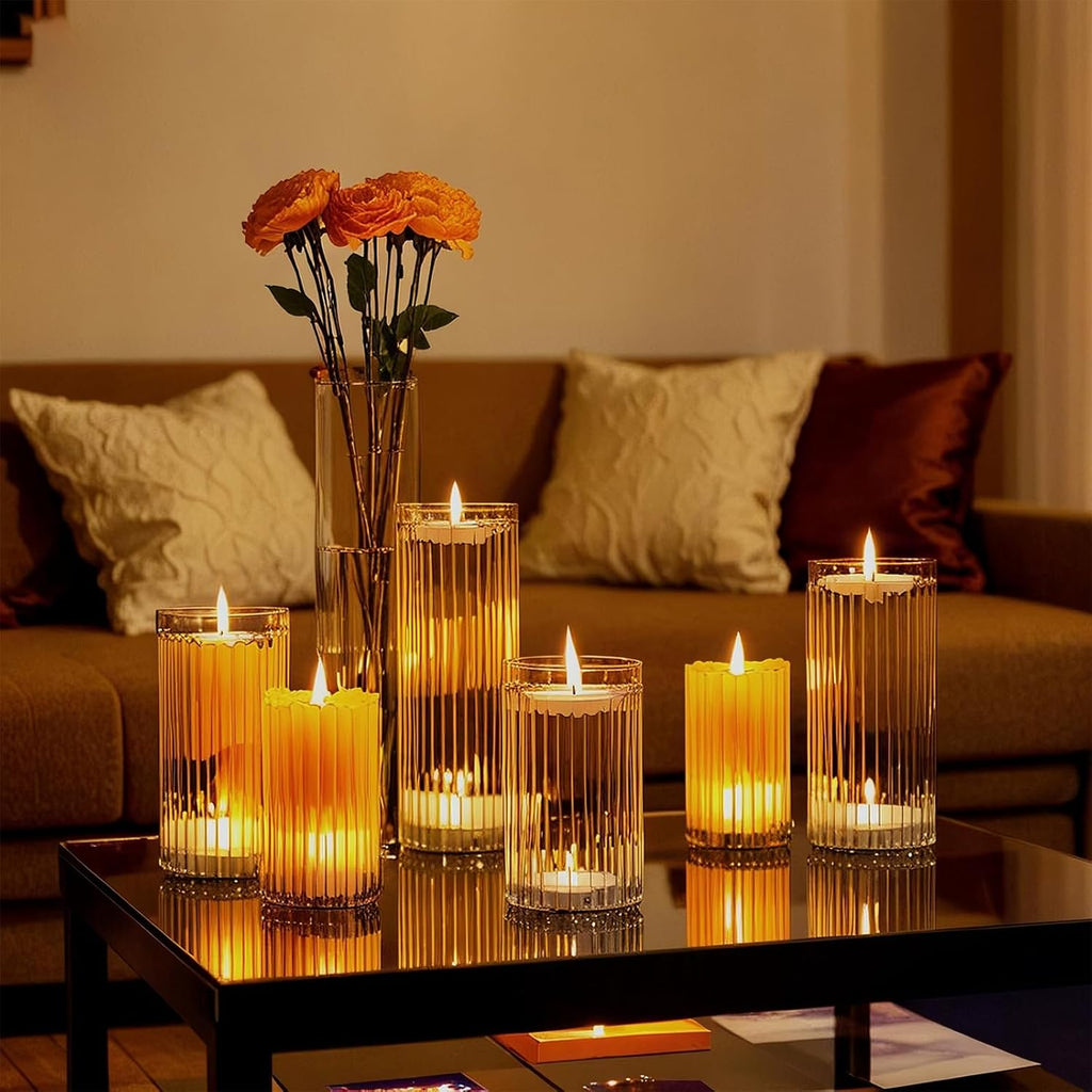 6 Pcs Glass Hurricane Candle Holder Ribbed Glass Candle Holder - Elegant & Easy to Use, Perfect for Wedding, Holiday
