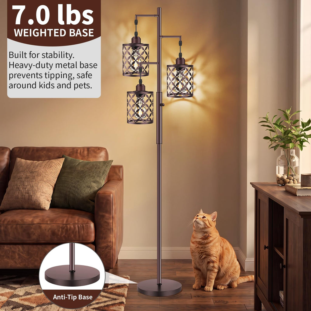 Industrial Tree Floor Lamp, 68" Dimmable Farmhouse Tall Standing Lamp with Quatrefoil Cutout Shades & Rotary Dimmer