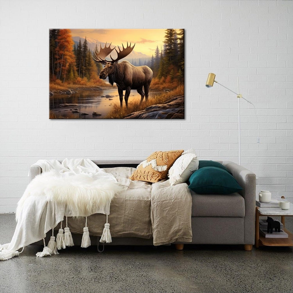 Nature Moose Wall Art Landscape Moose in the River Wall Decor Print Painting Wilderness Animal Retro Poster Home