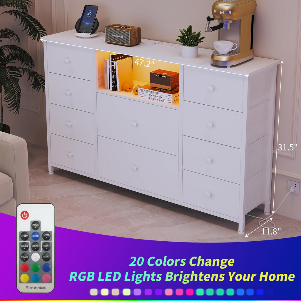 Dresser with Charging Station and LED Lights, White Dresser
