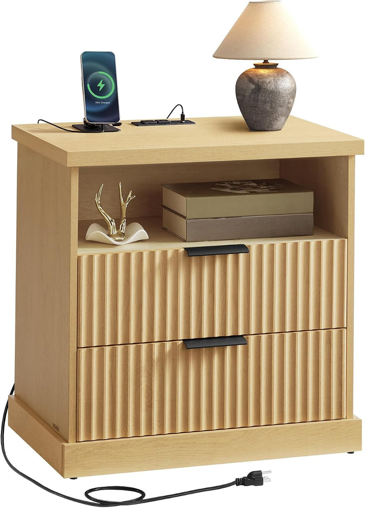 Nightstand with Charging Station, Fluted Night Stand, Bedside Table, Mid Century Modern Side End Table