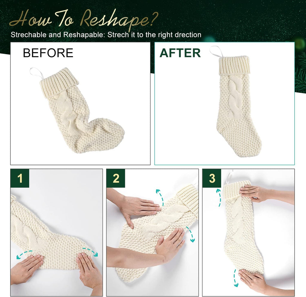 Ivory and Green Cable Knit Christmas Stockings Bulk Family Vintage Xmas Stockings for Fireplace Hanging 20" Long,4