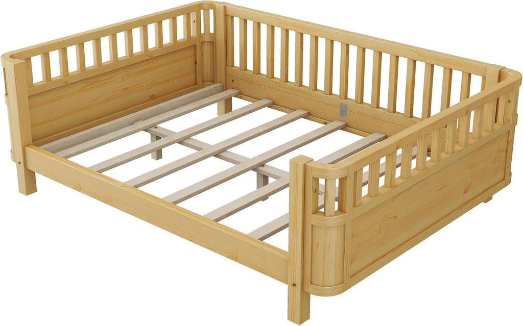 Platform Bed with Fence, Low Bed Frame with Detachable Side Bed Rails, Wooden Montessori Beds for