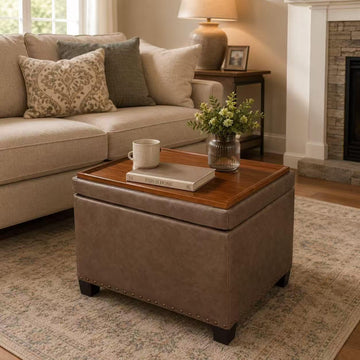 22" Storage Ottoman Coffee Table with Flip Top Tray, Tufted Faux Leather Footrest Stool with Nailhead Trim, Large