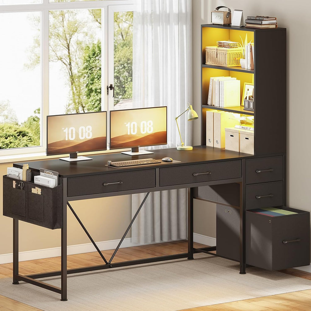 Computer Gaming Desk with 5 Drawers and Bookshelf, Reversible Home Office Desk with Storage Shelves and File Drawer