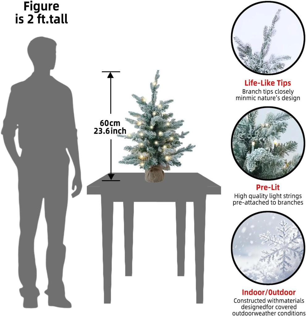2ft Snow Flocked Pre-Lit Mini Christmas Tree Decorations for Table