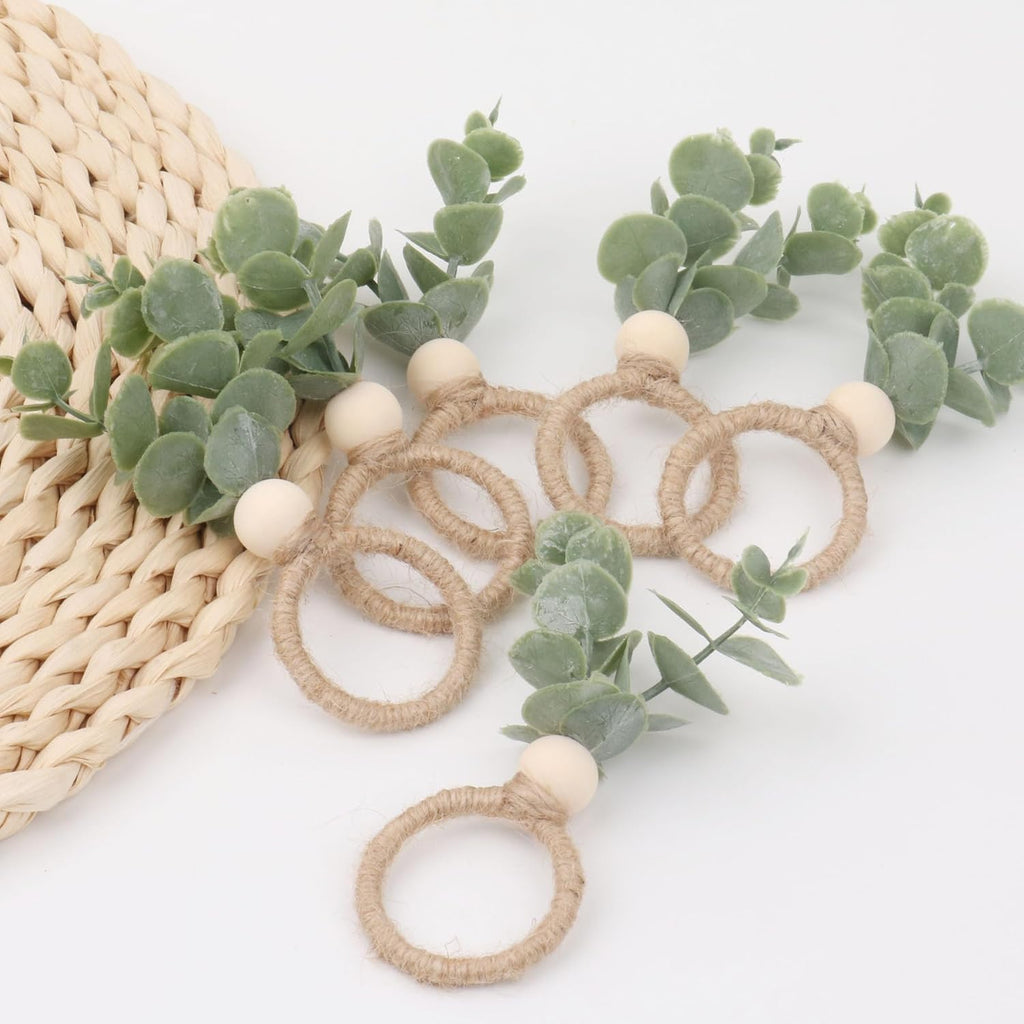 Napkin Rings with Artificial Eucalyptus Leaf Wood Bead Jute Rope for Christmas Farmhouse Wedding Home Dining - Set of 24