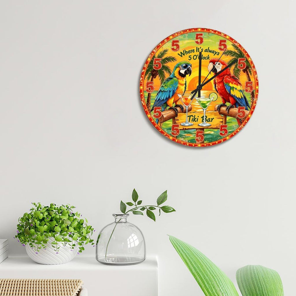 Parrot Retired Wall Clock Tiki Bar Always 5 O'clock 15 Inch Round Wall Clocks Battery Operated Silent Non-Ticking