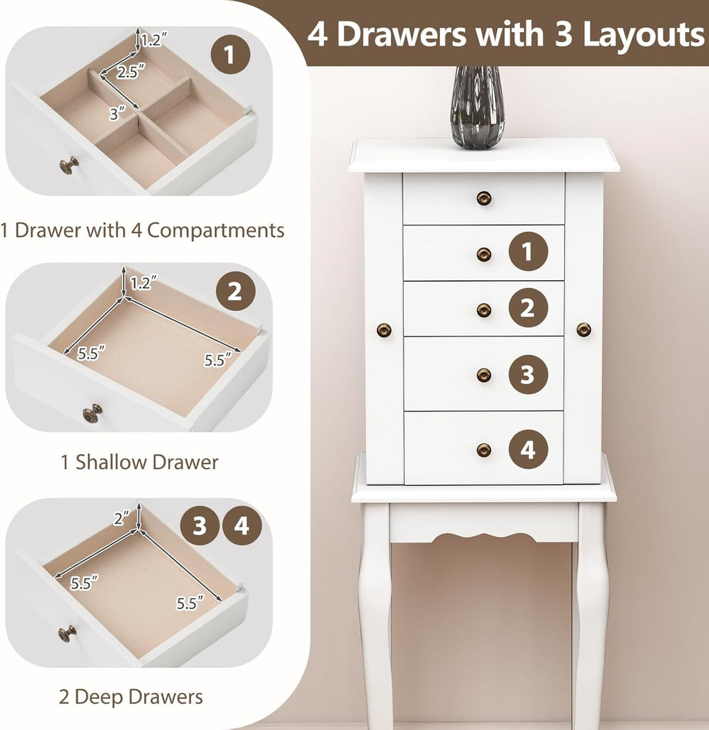 Standing Jewelry Armoire Cabinet with 4 Drawers, Flip Top Mirror, Top Storage Compartments, 2 Side Doors with 8