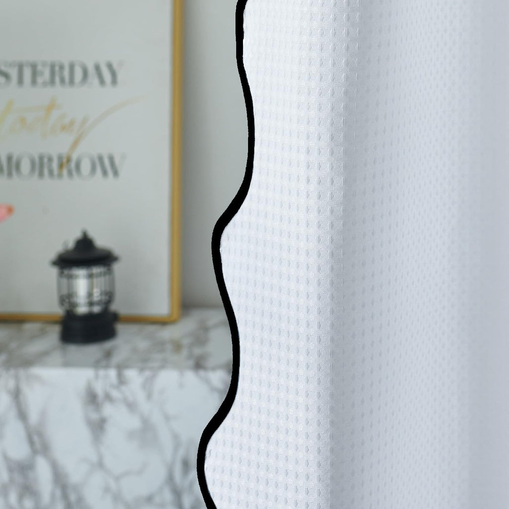 Waffle Weave Heavy Duty Fabric with Black Scalloped Border Shower Curtain, Boho Chic Cloth Shower Curtain