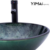 Vessel Sink 16.5" Bathroom Sinks Tempered Glass Green Art Basin Round Bowl with Faucet Combo Green,Countertop Bowl