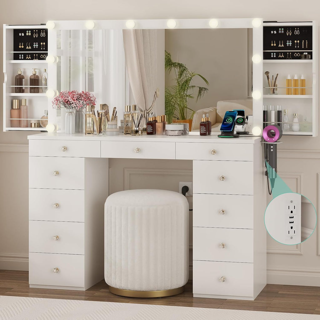 Vanity Desk with Mirror and Lights, White Vanity with Jewelry Storage Cabinet, Makeup Dressing Table with 11 Drawers