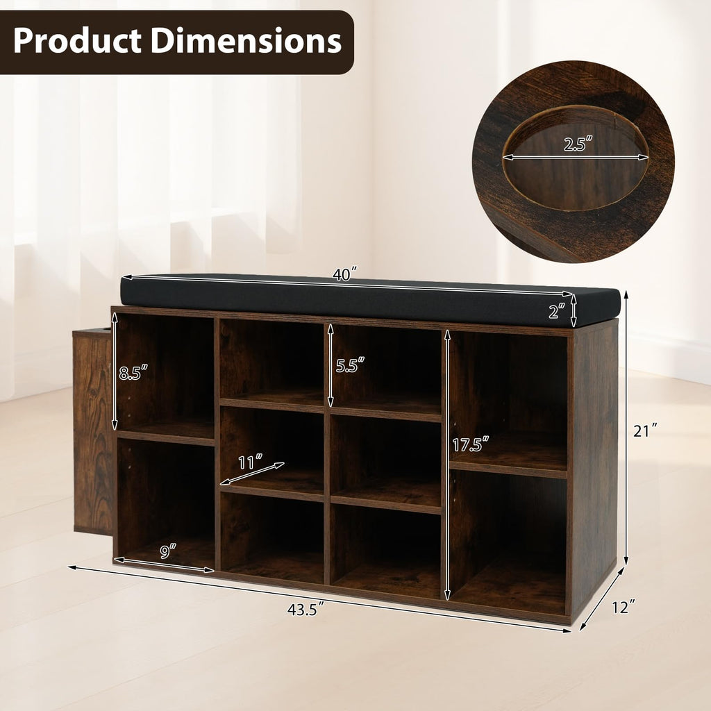 Shoe Storage Bench with Umbrella Holder, 40" Shoe Organizer with Cushioned Seat, 10 Cubbies & Adjustable Shelves