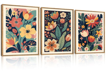Vintage Colorful Floral Framed Canvas Wall Art Set, Mid Century Modern Flower Wall Decor, Retro Wildflower Art