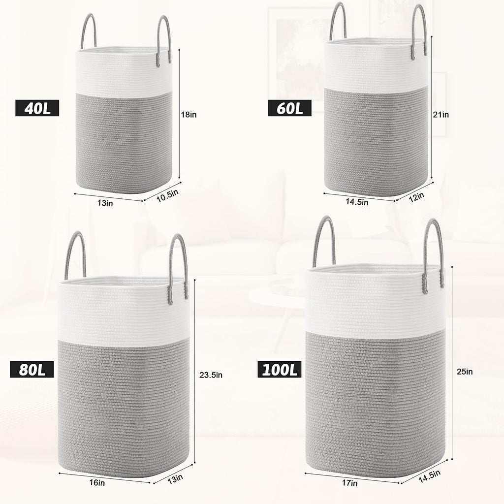 Cotton Rope Laundry Basket, Woven Clothes Hamper, 100L