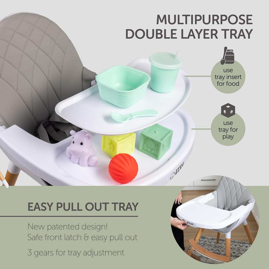 Convertible High Chair for Babies, Toddlers, Kids & Children - Wooden Highchair with Adjustable Height & Dishwasher