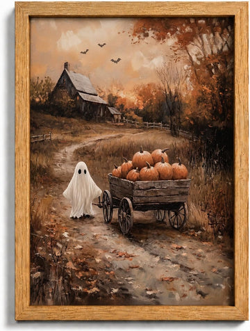 Framed Ghost Pumpkin Wall Art Vintage Halloween Canvas Print Rustic Farmhouse Autumn Cottagecore Spooky Countryside