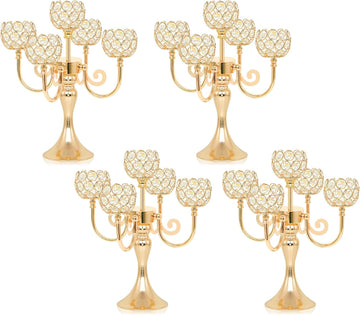 5 Arm Metal Crystal Candelabra Centerpiece - 13.4 Inch Elegant Candle Holder with Crystal Beadsable Decoration (4, Gold)