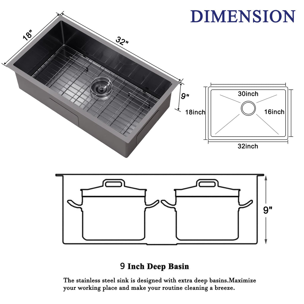 32x18 Inch Black Undermount Kitchen Sink, 32 Inch Sink with Grid