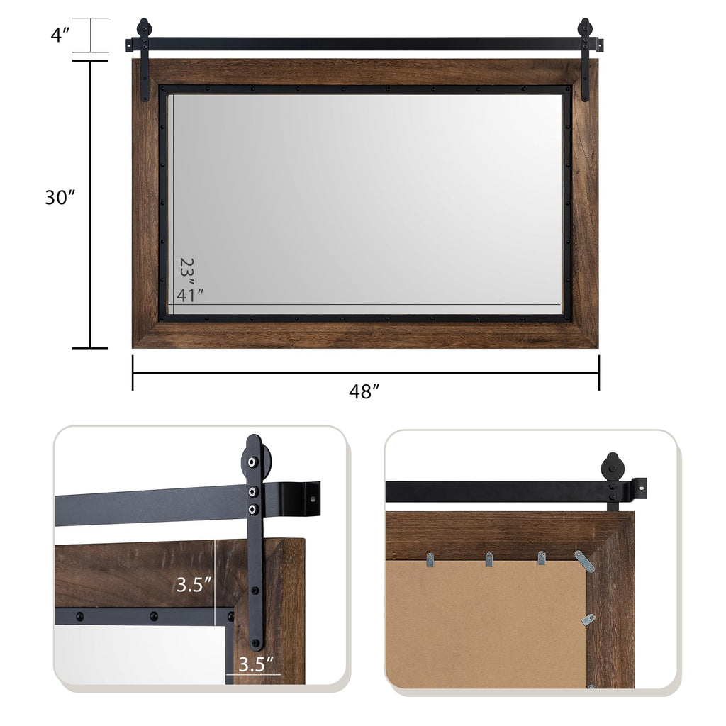 Farmhouse Barn Door Mirror, 48"x30" Rustic Bathroom Mirror, Wood Frame Wall Mirror, Wooden Mirror Bedroom Entryway
