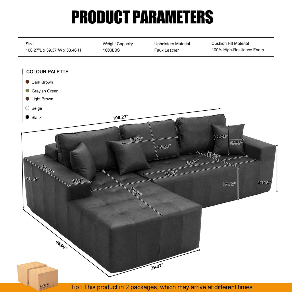 108.3" L-Sectional Couches, Faux Leather Couch Bed