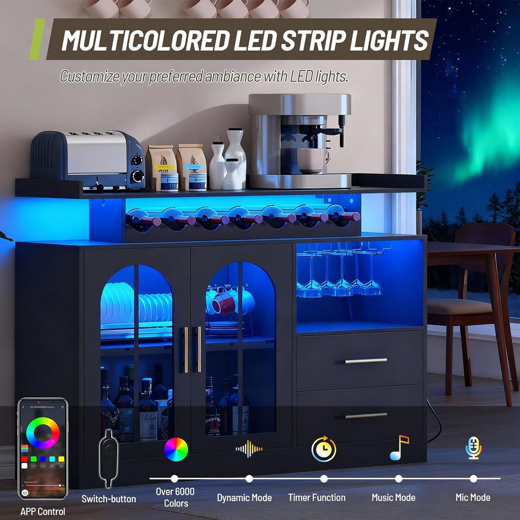 Wine Bar Cabinet with LED Lights & Charging, Modern Liquor Cabinets with 2 Ample Storage Drawers, Wine and Glass