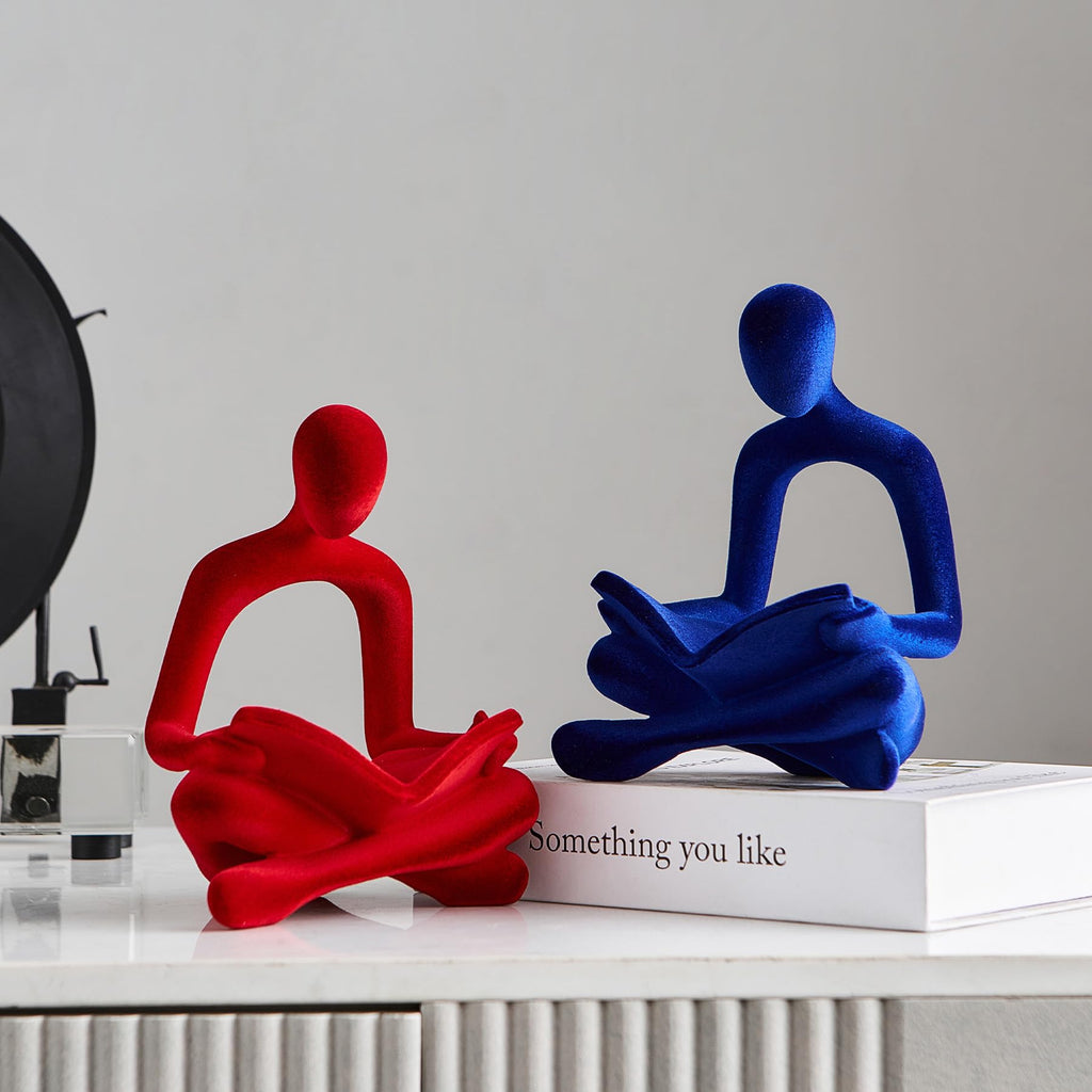 Red Reading Statue Decor, Modern Abstract Thinker Sculptures Decorations, Flocked Figurine Office TV Stand Shelf