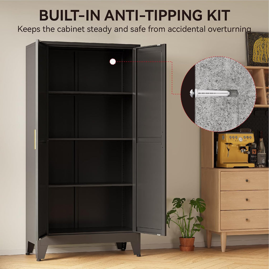 61" Metal Pantry Cabinet in Black, Modern Storage Cabinet with Adjustable Shelves, Sturdy Metal Cupboard Organization