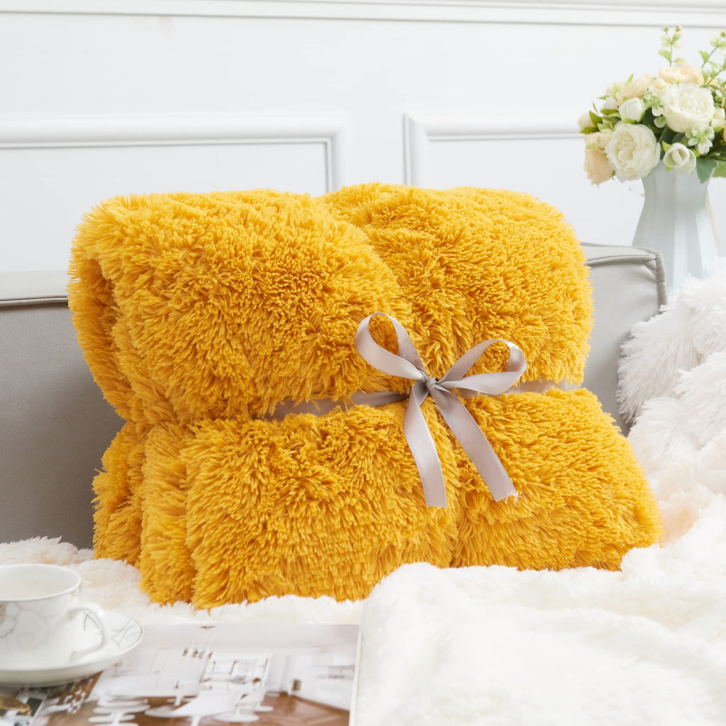 Fuzzy Faux Fur Queen Blanket for Couch, Mustard Yellow, 90"x90"
