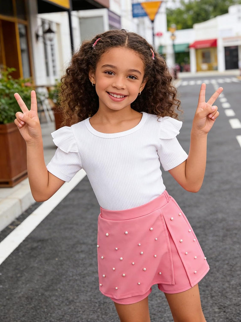 2 Piece Clothes Ruffled Sleeve Striped Top and Pearl Skirt Short Set Girl Summer Clothes