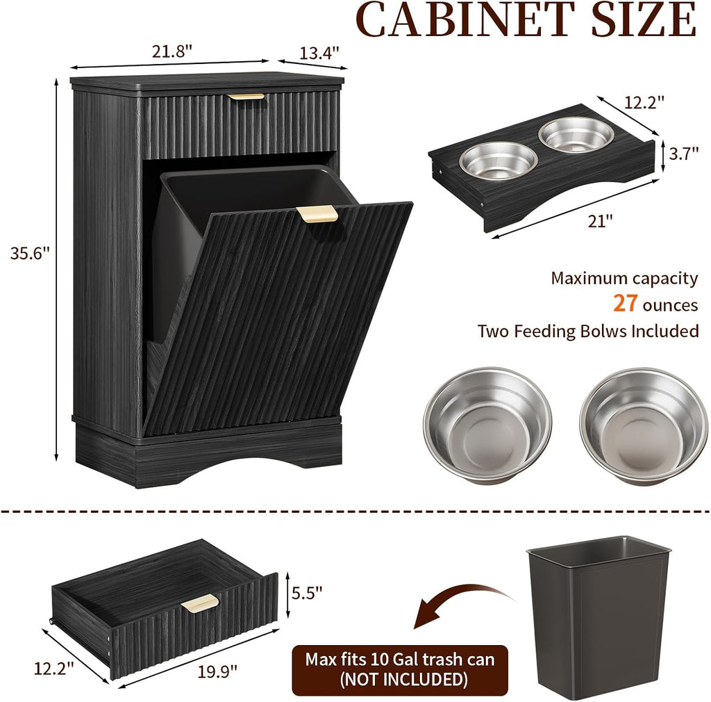 Tilt-Out Trash Cabinet with Dog Feeding Station, Pet Food Storage, Black