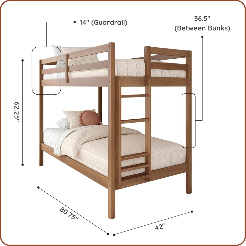 Bear Twin Over Twin Bunk Bed, Sturdy Bunk Bed Frame for Kids, Plywood Bunk with Ladder, Guardrail, and Slats