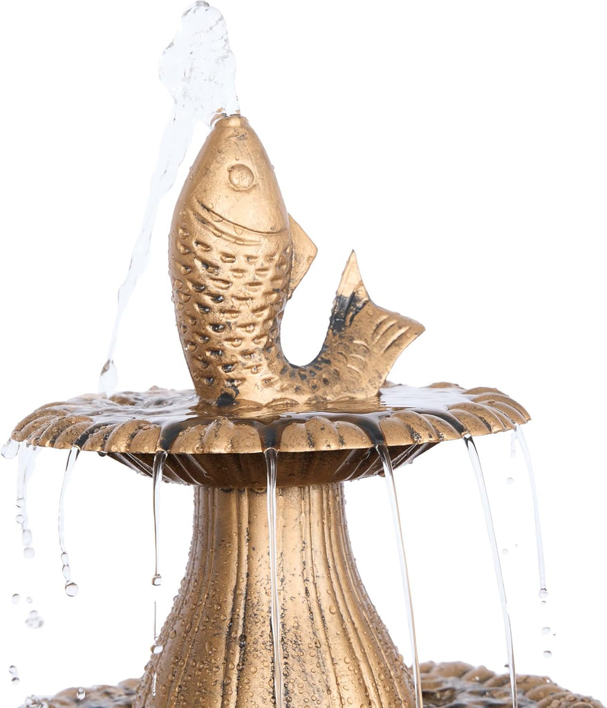40" Tiered Pedestal Fish Fountain Birdbath, Cascading Outdoor Water Feature Décor, Gold