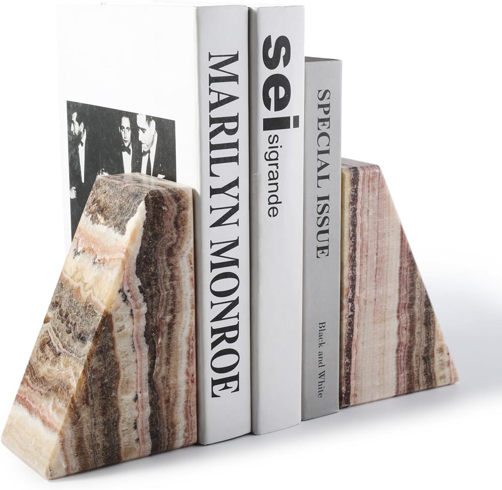 Natural Onyx Bookends for Shelves, Decorative Bookends for Heavy Books, Non-Slip Heavy Duty Book Stopper for