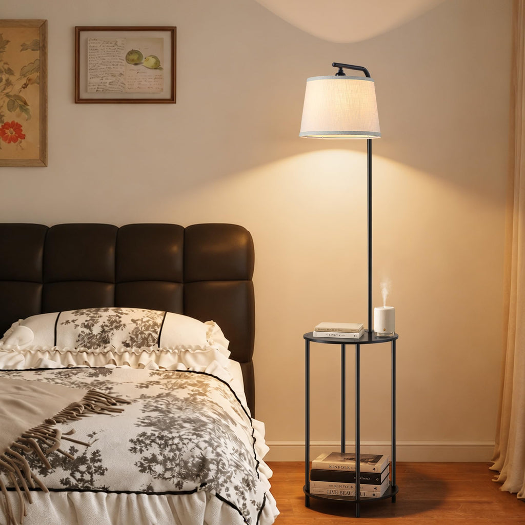 Floor Lamp with Table, 2-in-1 Side Table Floor Lamp with Linen Shade