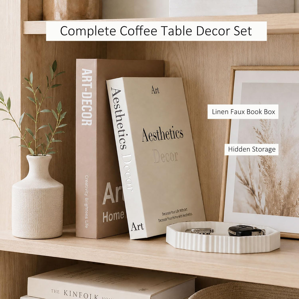 Decorative Concrete Tray & Linen Faux Book Box Set, Scalloped Coffee Table Tray with Hidden Storage, Beige Modern