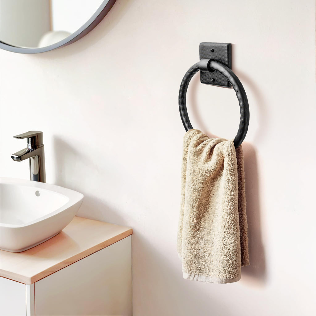 Bathroom Towel Holder - 7-Inch Round Matte Black Bathroom Hand Towel Holder s Wall, Metal Hand Hammered Towels Ring