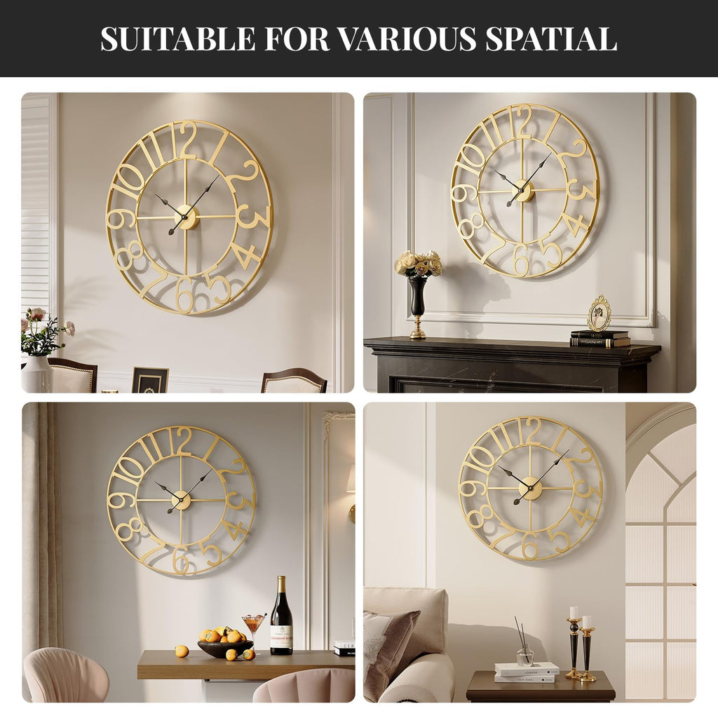 Gold Wall Clock Decor, 24 Inch Large Metal Clock