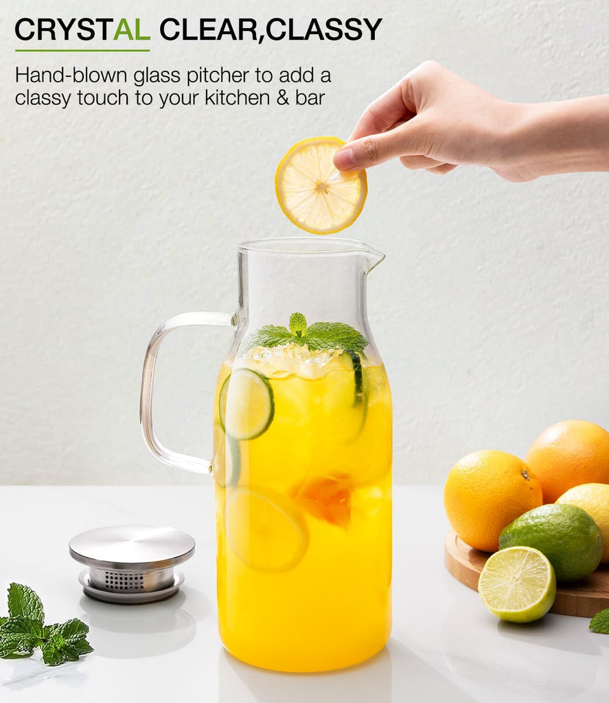 LUNA&MANTHA Glass Pitcher, 2 Liter 68oz Water Pitcher with Lid and Spout, Large Ice Tea Jug for Fridge, Thick Drink