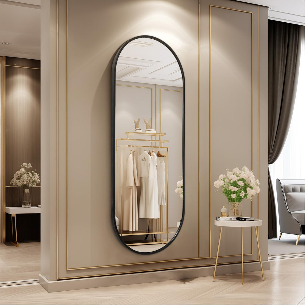Black Oval Bathroom Full Length Mirror, 48x16'' Pill Shaped Oblong Vanity Wall Mirror, Metal Framed Capsule Aluminum