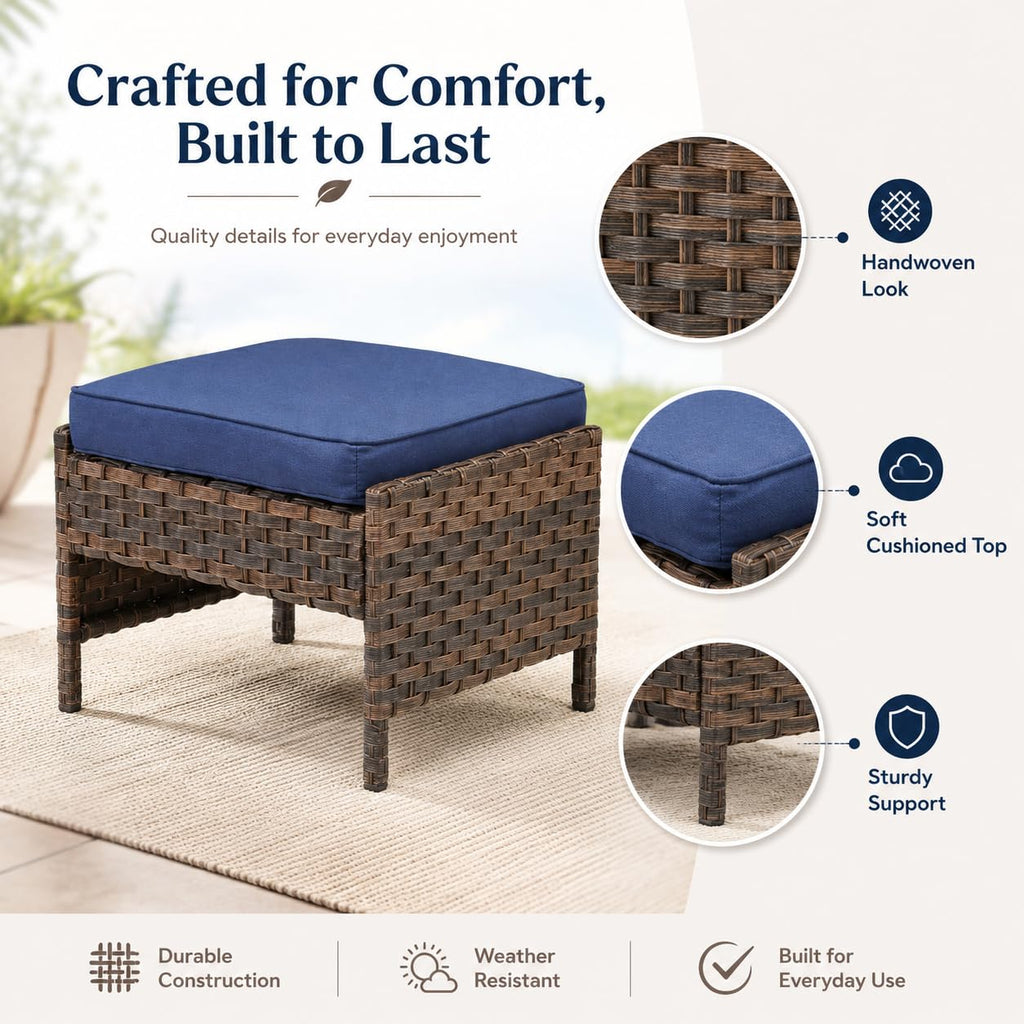 2-Piece Outdoor Wicker Ottomans with Cushions, Blue