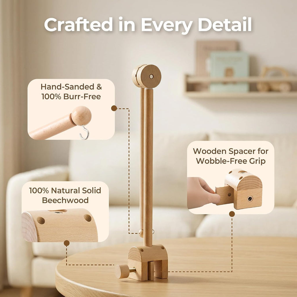 Baby Crib Mobile Arm - Wooden Baby Mobile Crib Holder Height Adjustable for Hanging Baby Crib Attachment Decor