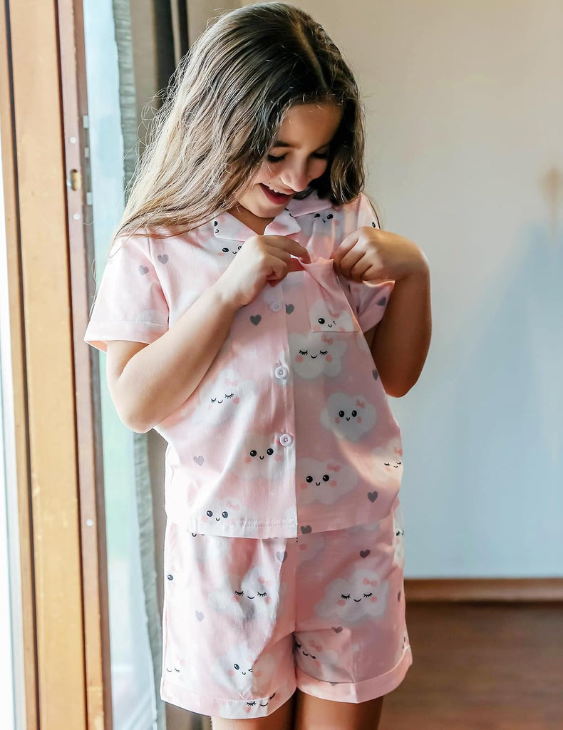Girls Pajamas Sets Short Sleeve Kids Pjs Button Down Sleepwear