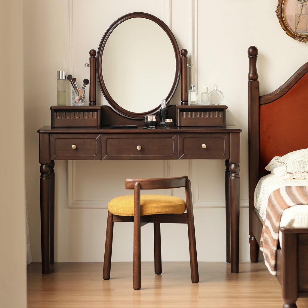 Vintage Vanity Desk with Adjustable Mirror, Walnut