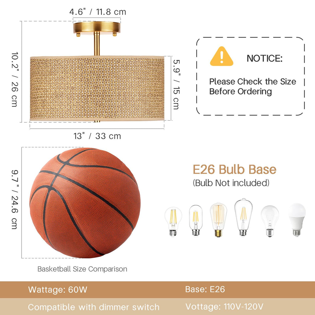 13" Rattan-Style Boho Ceiling Light Fixture, 3-Light Modern Semi Flush Mount Lamp with Drum Shade, Rustic Brown
