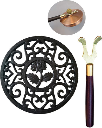 5.3 Inches Black Round Cast Iron Trivet Metal Teapot Base with Legs and Lid Holder for Japanese Kettle Tetsubin Kung